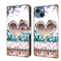 Pink Diamond Heart Crystal PU Leather Protective Wallet Case Cover for iPhone 13 (6.1 inch)