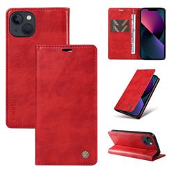 YIKATU Litchi Card Magnetic Automatic Suction Leather Flip Cover for iPhone 13 (6.1 inch) - Bright Red