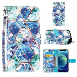 Green and Blue Stitching Color Marble Leather Wallet Case for iPhone 13 mini (5.4 inch)