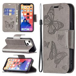 Embossing Double Butterfly Leather Wallet Case for iPhone 13 mini (5.4 inch) - Gray