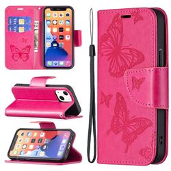 Embossing Double Butterfly Leather Wallet Case for iPhone 13 mini (5.4 inch) - Red