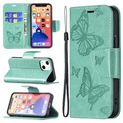 Embossing Double Butterfly Leather Wallet Case for iPhone 13 mini (5.4 inch) - Green