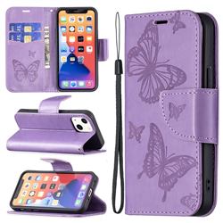Embossing Double Butterfly Leather Wallet Case for iPhone 13 mini (5.4 inch) - Purple