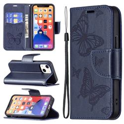 Embossing Double Butterfly Leather Wallet Case for iPhone 13 mini (5.4 inch) - Dark Blue