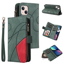 Luxury Two-color Stitching Multi-function Zipper Leather Wallet Case Cover for iPhone 13 mini (5.4 inch) - Green