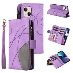 Luxury Two-color Stitching Multi-function Zipper Leather Wallet Case Cover for iPhone 13 mini (5.4 inch) - Purple