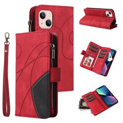 Luxury Two-color Stitching Multi-function Zipper Leather Wallet Case Cover for iPhone 13 mini (5.4 inch) - Red