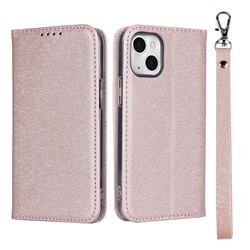 Ultra Slim Magnetic Automatic Suction Silk Lanyard Leather Flip Cover for iPhone 13 mini (5.4 inch) - Rose Gold