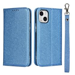 Ultra Slim Magnetic Automatic Suction Silk Lanyard Leather Flip Cover for iPhone 13 mini (5.4 inch) - Sky Blue