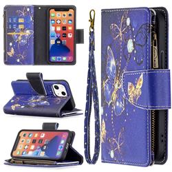 Purple Butterfly Binfen Color BF03 Retro Zipper Leather Wallet Phone Case for iPhone 13 mini (5.4 inch)