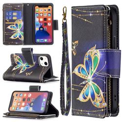 Golden Shining Butterfly Binfen Color BF03 Retro Zipper Leather Wallet Phone Case for iPhone 13 mini (5.4 inch)