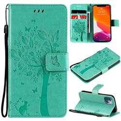 Embossing Butterfly Tree Leather Wallet Case for iPhone 13 mini (5.4 inch) - Cyan