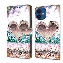 Pink Diamond Heart Crystal PU Leather Protective Wallet Case Cover for iPhone 13 mini (5.4 inch)