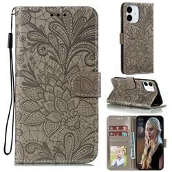 Intricate Embossing Lace Jasmine Flower Leather Wallet Case for iPhone 13 Pro (6.1 inch) - Gray