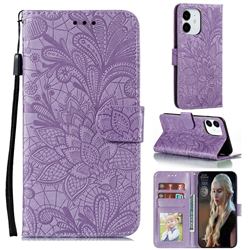 Intricate Embossing Lace Jasmine Flower Leather Wallet Case for iPhone 13 Pro (6.1 inch) - Purple