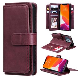 Multi-function Ten Card Slots and Photo Frame PU Leather Wallet Phone Case Cover for iPhone 13 Pro (6.1 inch) - Claret