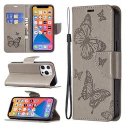 Embossing Double Butterfly Leather Wallet Case for iPhone 13 Pro (6.1 inch) - Gray