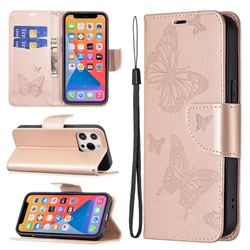 Embossing Double Butterfly Leather Wallet Case for iPhone 13 Pro (6.1 inch) - Rose Gold