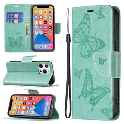 Embossing Double Butterfly Leather Wallet Case for iPhone 13 Pro (6.1 inch) - Green