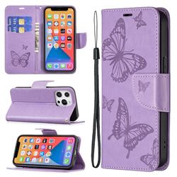 Embossing Double Butterfly Leather Wallet Case for iPhone 13 Pro (6.1 inch) - Purple