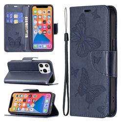 Embossing Double Butterfly Leather Wallet Case for iPhone 13 Pro (6.1 inch) - Dark Blue