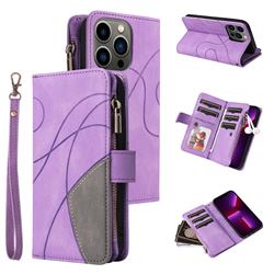 Luxury Two-color Stitching Multi-function Zipper Leather Wallet Case Cover for iPhone 13 Pro (6.1 inch) - Purple