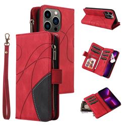 Luxury Two-color Stitching Multi-function Zipper Leather Wallet Case Cover for iPhone 13 Pro (6.1 inch) - Red