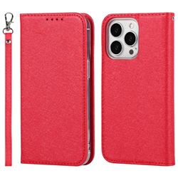 Ultra Slim Magnetic Automatic Suction Silk Lanyard Leather Flip Cover for iPhone 13 Pro (6.1 inch) - Red