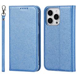 Ultra Slim Magnetic Automatic Suction Silk Lanyard Leather Flip Cover for iPhone 13 Pro (6.1 inch) - Sky Blue