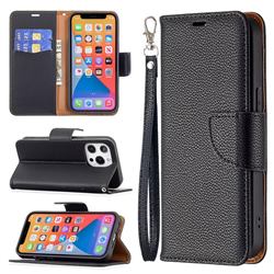 Classic Luxury Litchi Leather Phone Wallet Case for iPhone 13 Pro (6.1 inch) - Black
