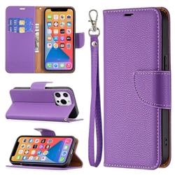Classic Luxury Litchi Leather Phone Wallet Case for iPhone 13 Pro (6.1 inch) - Purple