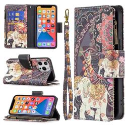 Totem Flower Elephant Binfen Color BF03 Retro Zipper Leather Wallet Phone Case for iPhone 13 Pro (6.1 inch)