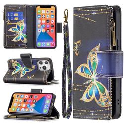 Golden Shining Butterfly Binfen Color BF03 Retro Zipper Leather Wallet Phone Case for iPhone 13 Pro (6.1 inch)