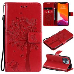 Embossing Butterfly Tree Leather Wallet Case for iPhone 13 Pro (6.1 inch) - Red