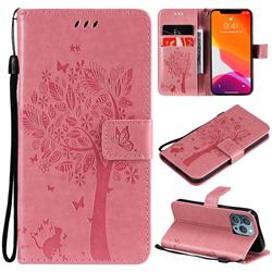 Embossing Butterfly Tree Leather Wallet Case for iPhone 13 Pro (6.1 inch) - Pink