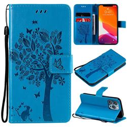 Embossing Butterfly Tree Leather Wallet Case for iPhone 13 Pro (6.1 inch) - Blue
