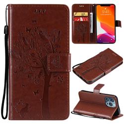 Embossing Butterfly Tree Leather Wallet Case for iPhone 13 Pro (6.1 inch) - Coffee