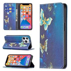 Gold Butterfly Slim Magnetic Attraction Wallet Flip Cover for iPhone 13 Pro (6.1 inch)