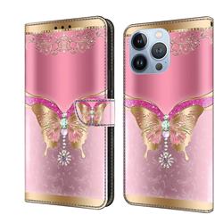 Pink Diamond Butterfly Crystal PU Leather Protective Wallet Case Cover for iPhone 13 Pro (6.1 inch)