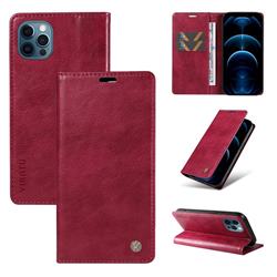 YIKATU Litchi Card Magnetic Automatic Suction Leather Flip Cover for iPhone 13 Pro (6.1 inch) - Wine Red