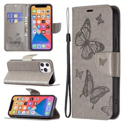 Embossing Double Butterfly Leather Wallet Case for iPhone 13 Pro Max (6.7 inch) - Gray