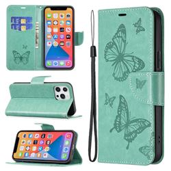 Embossing Double Butterfly Leather Wallet Case for iPhone 13 Pro Max (6.7 inch) - Green