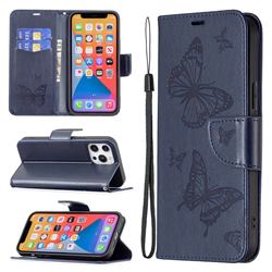 Embossing Double Butterfly Leather Wallet Case for iPhone 13 Pro Max (6.7 inch) - Dark Blue