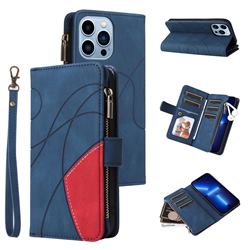Luxury Two-color Stitching Multi-function Zipper Leather Wallet Case Cover for iPhone 13 Pro Max (6.7 inch) - Blue