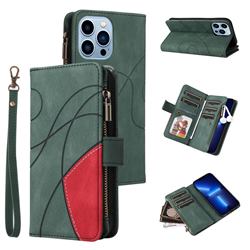 Luxury Two-color Stitching Multi-function Zipper Leather Wallet Case Cover for iPhone 13 Pro Max (6.7 inch) - Green