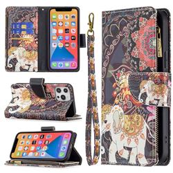 Totem Flower Elephant Binfen Color BF03 Retro Zipper Leather Wallet Phone Case for iPhone 13 Pro Max (6.7 inch)