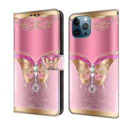 Pink Diamond Butterfly Crystal PU Leather Protective Wallet Case Cover for iPhone 13 Pro Max (6.7 inch)