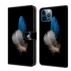 White Blue Feathers Crystal PU Leather Protective Wallet Case Cover for iPhone 13 Pro Max (6.7 inch)