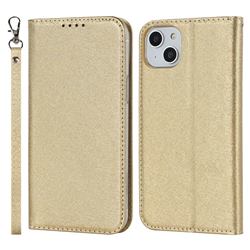 Ultra Slim Magnetic Automatic Suction Silk Lanyard Leather Flip Cover for iPhone 14 (6.1 inch) - Golden