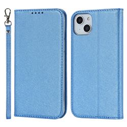 Ultra Slim Magnetic Automatic Suction Silk Lanyard Leather Flip Cover for iPhone 14 (6.1 inch) - Sky Blue